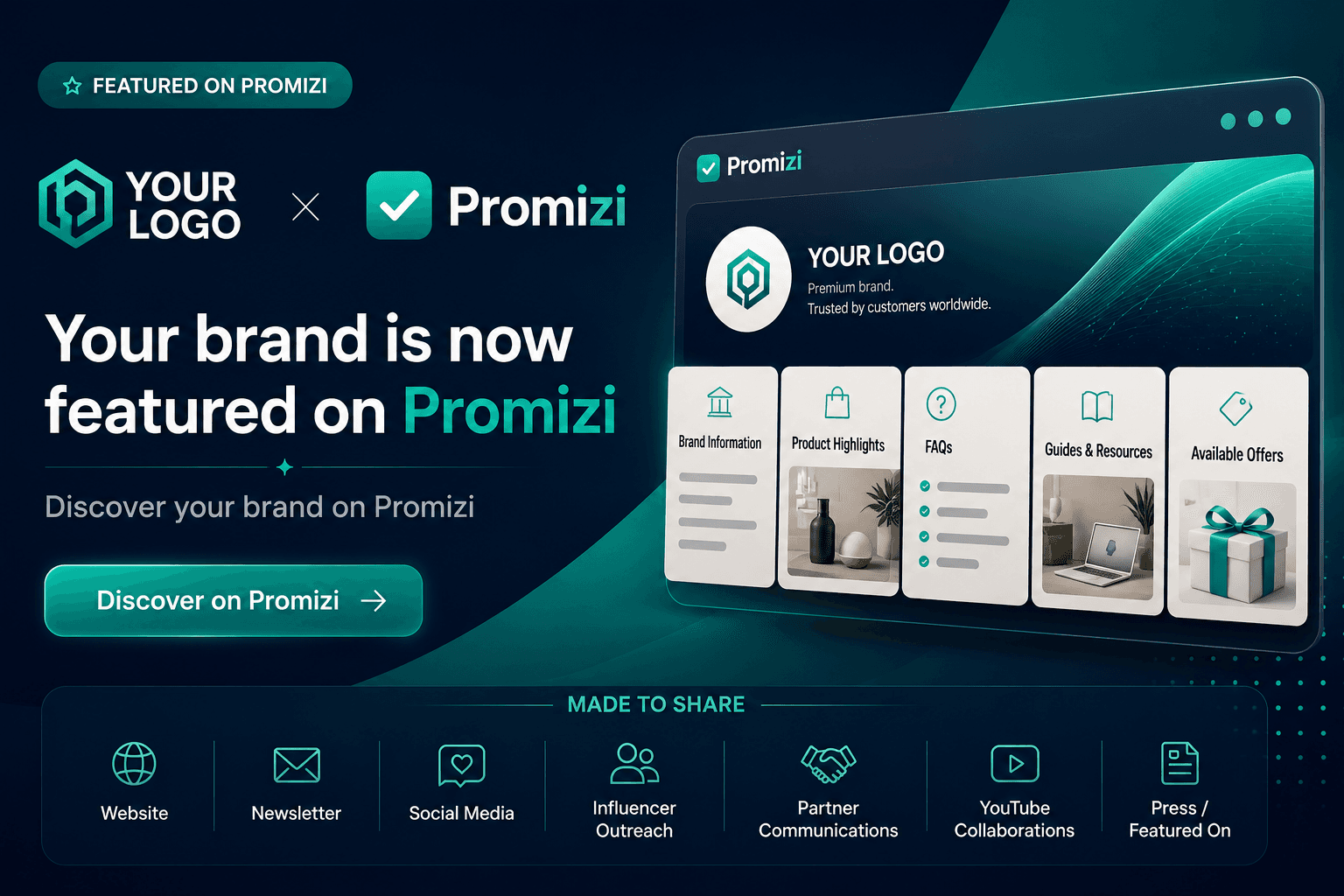 Your Promizi × Brand creative — a premium co-branded announcement featuring your logo alongside Promizi and a preview of your brand page, made to share across your website, newsletter, social media, influencer outreach, partner communications, YouTube collaborations and press.