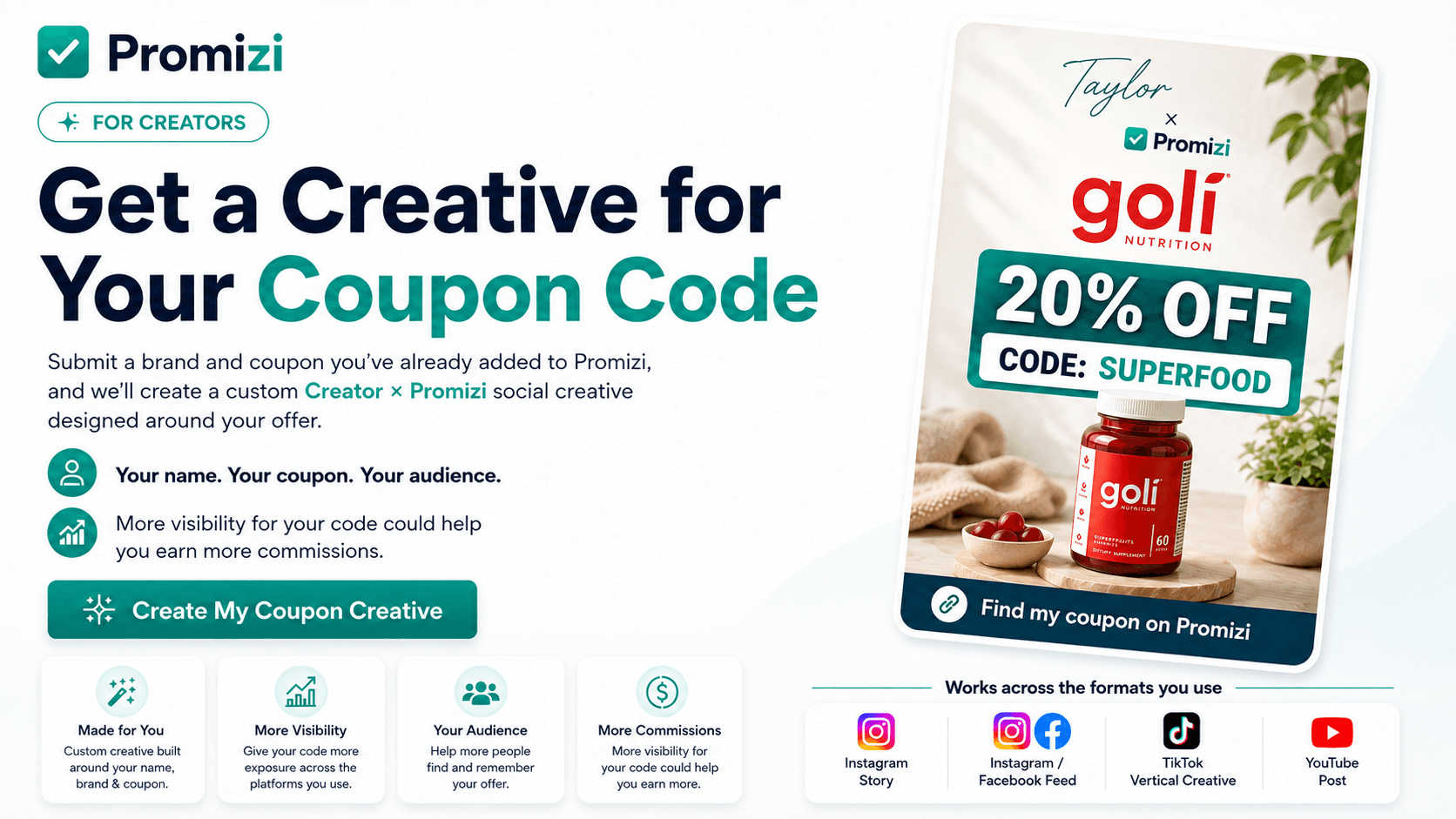 Promizi creator coupon campaign featuring Taylor and Goli Nutrition