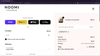 NOOMI Stockholm checkout screenshot: US$8.82 saved at checkout, submitted 30 October 2026