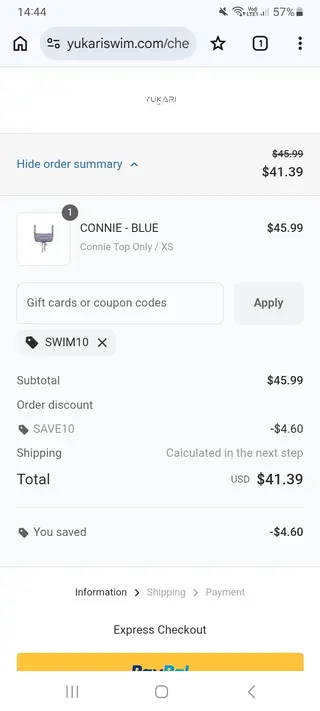 YUKARI Swim checkout screenshot: US$4.60 saved at checkout, submitted 29 October 2026