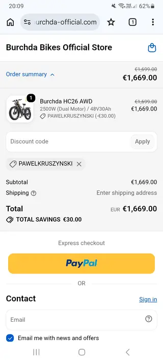 Burchda Bikes checkout screenshot: €30.00 saved at checkout, submitted 30 October 2026