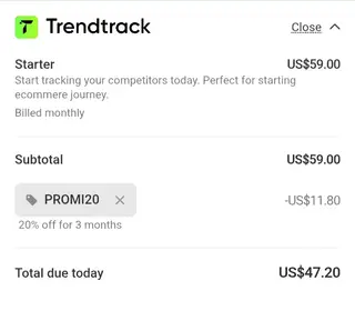 Trendtrack checkout screenshot: US$11.80 saved at checkout, submitted 30 October 2026