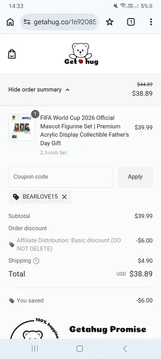 Getahug checkout screenshot: US$6.00 saved at checkout, submitted 29 October 2026