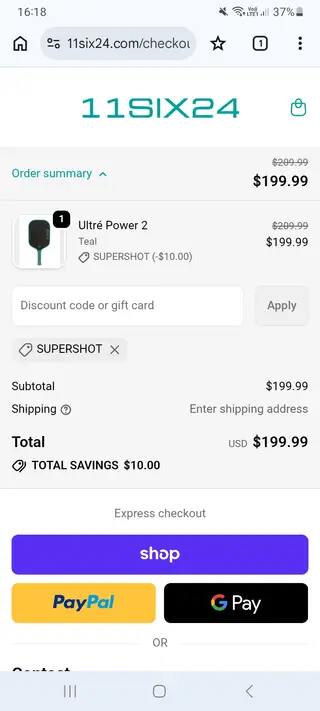 11SIX24 Pickleball checkout screenshot: US$10.00 saved at checkout, submitted 30 October 2026