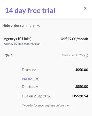 GetAllMyLinks checkout screenshot: US$0.54 saved at checkout, tested 2 September 2026