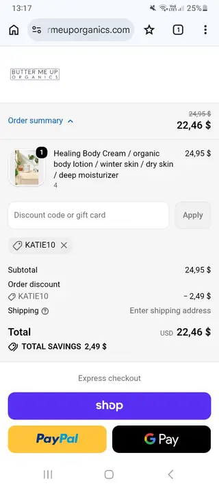 Butter Me Up Organics checkout screenshot: US$2.49 saved at checkout, submitted 30 October 2026