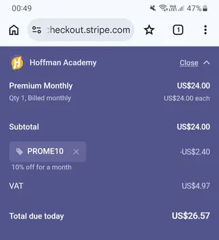 Hoffman Academy checkout screenshot: US$2.40 saved at checkout, submitted 29 October 2026