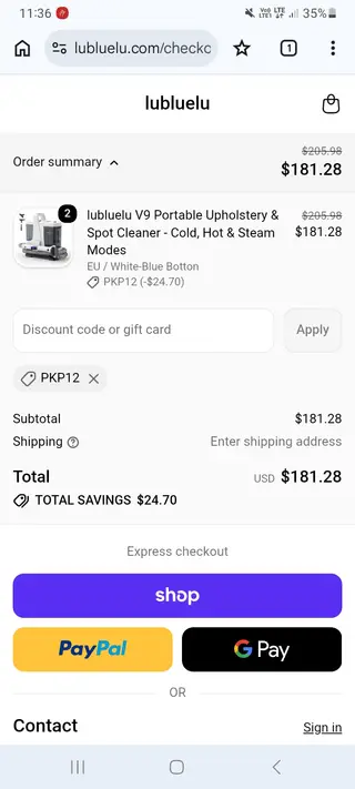 Lubluelu checkout screenshot: US$24.70 saved at checkout, submitted 30 October 2026