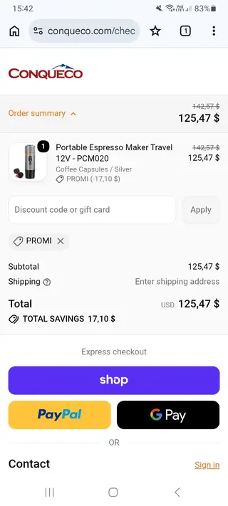 Conqueco checkout screenshot: US$17.10 saved at checkout, submitted 30 October 2026