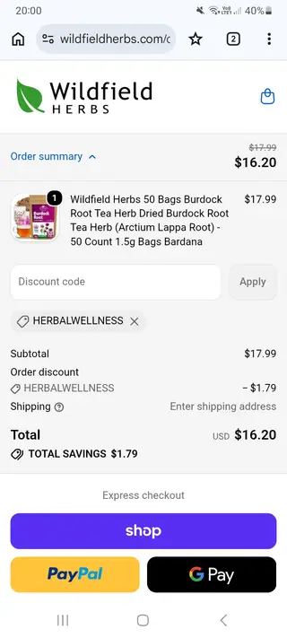 Wildfield Herbs checkout screenshot: US$1.79 saved at checkout, submitted 29 October 2026