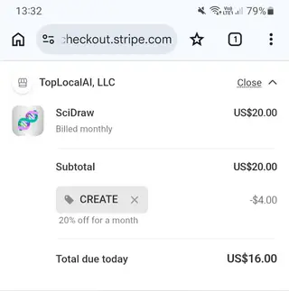 SciDraw AI checkout screenshot: US$4.00 saved at checkout, submitted 30 October 2026