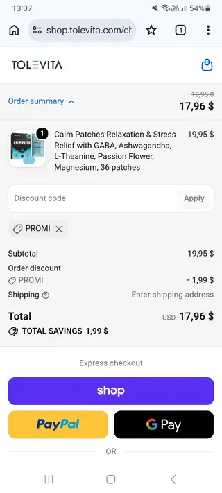 TOLEVITA checkout screenshot: US$1.99 saved at checkout, submitted 29 October 2026