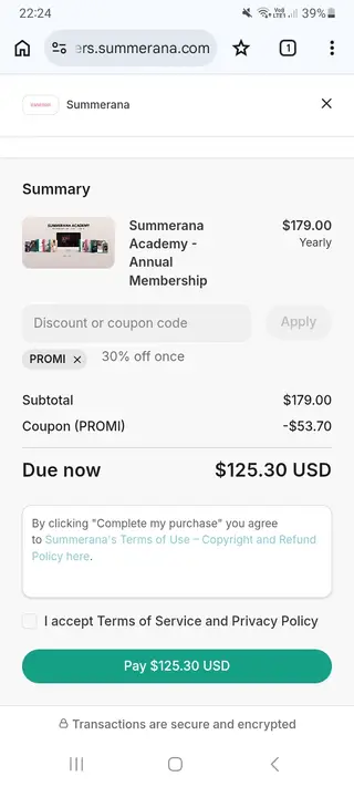 Summerana checkout screenshot: US$53.70 saved at checkout, submitted 29 October 2026