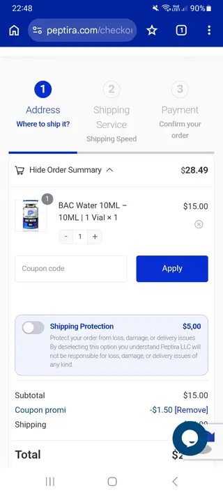 Peptira checkout screenshot: US$1.50 saved at checkout, submitted 30 October 2026