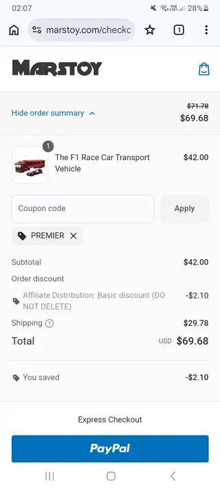 Marstoy checkout screenshot: Saved 5% at checkout, tested 28 October 2026