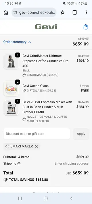 GEVI checkout screenshot: US$154.88 saved at checkout, submitted 30 October 2026